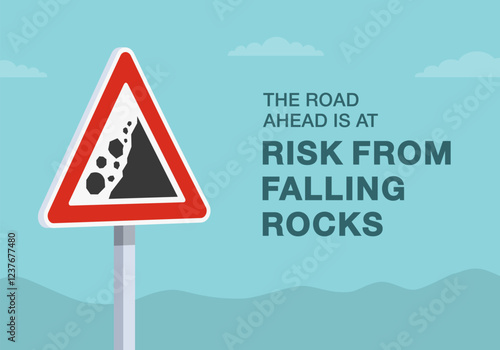 Safe driving tips and traffic regulation rules. Close-up of european "falling rocks" sign meaning. The road ahead is at risk from falling rocks. Flat vector illustration template.