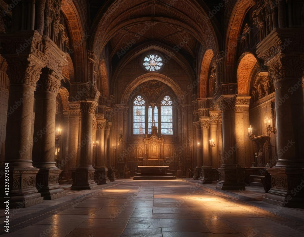 Obraz premium Illuminated interior of an ancient church with intricate stone carvings and ornate details, Latvian art, ancient church interior