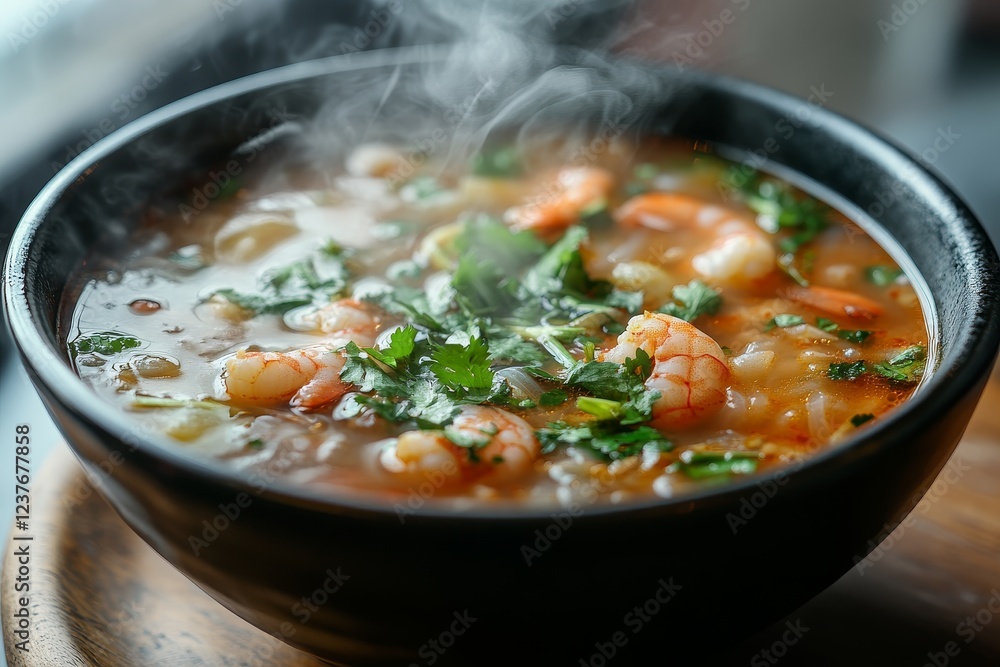 Steaming shrimp soup, close-up, restaurant setting Steaming shrimp soup, close-up, restaurant setting
