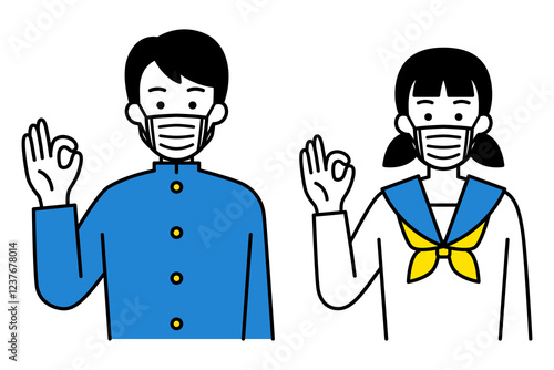 マスクをしてOKサインをする男女の学生　セット