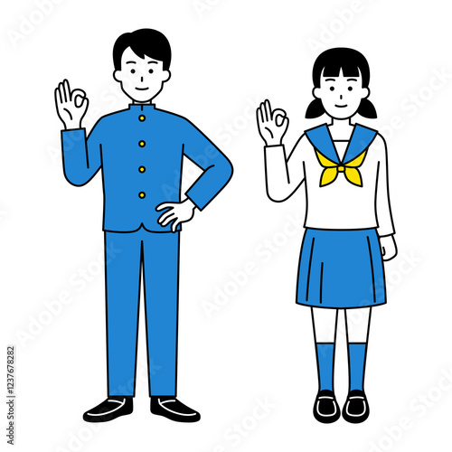 OKサインをする男女の学生（全身）　セット