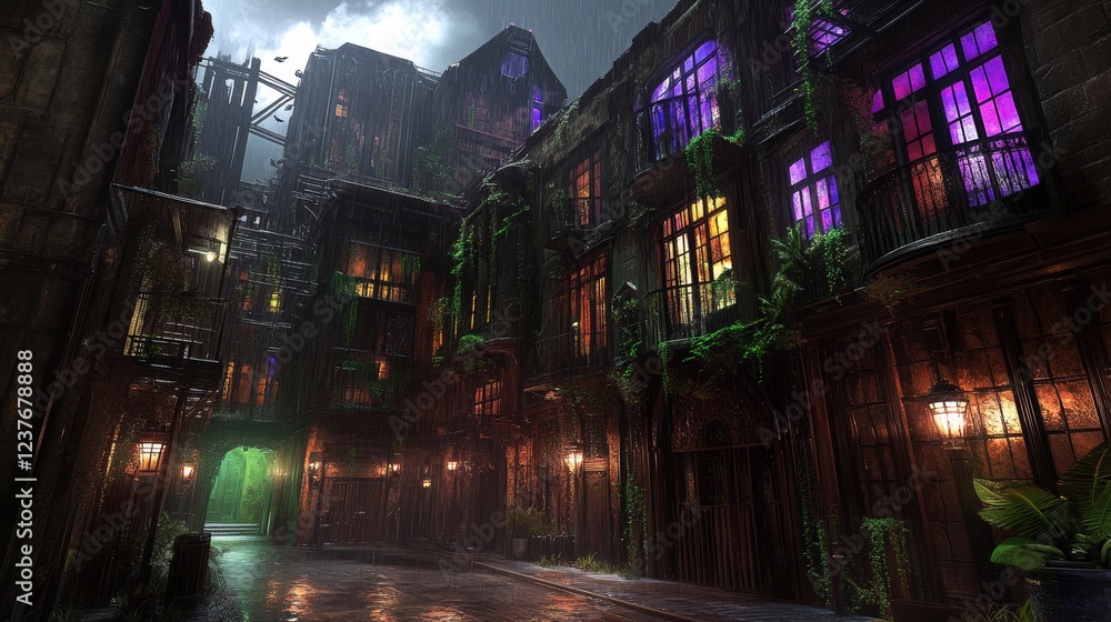 Fototapeta premium Rainy Night in a Lush, Overgrown City Alley