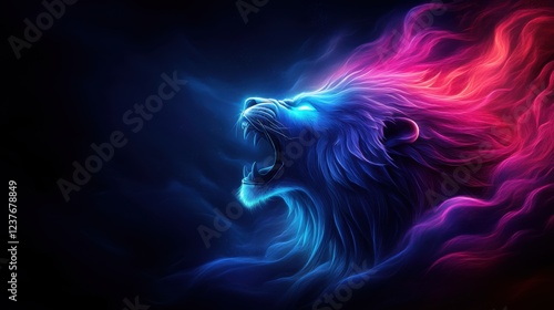 Majestic Lion Roaring with Vibrant Colors and Ethereal Flames in a Dark Background for Artistic and Creative Use