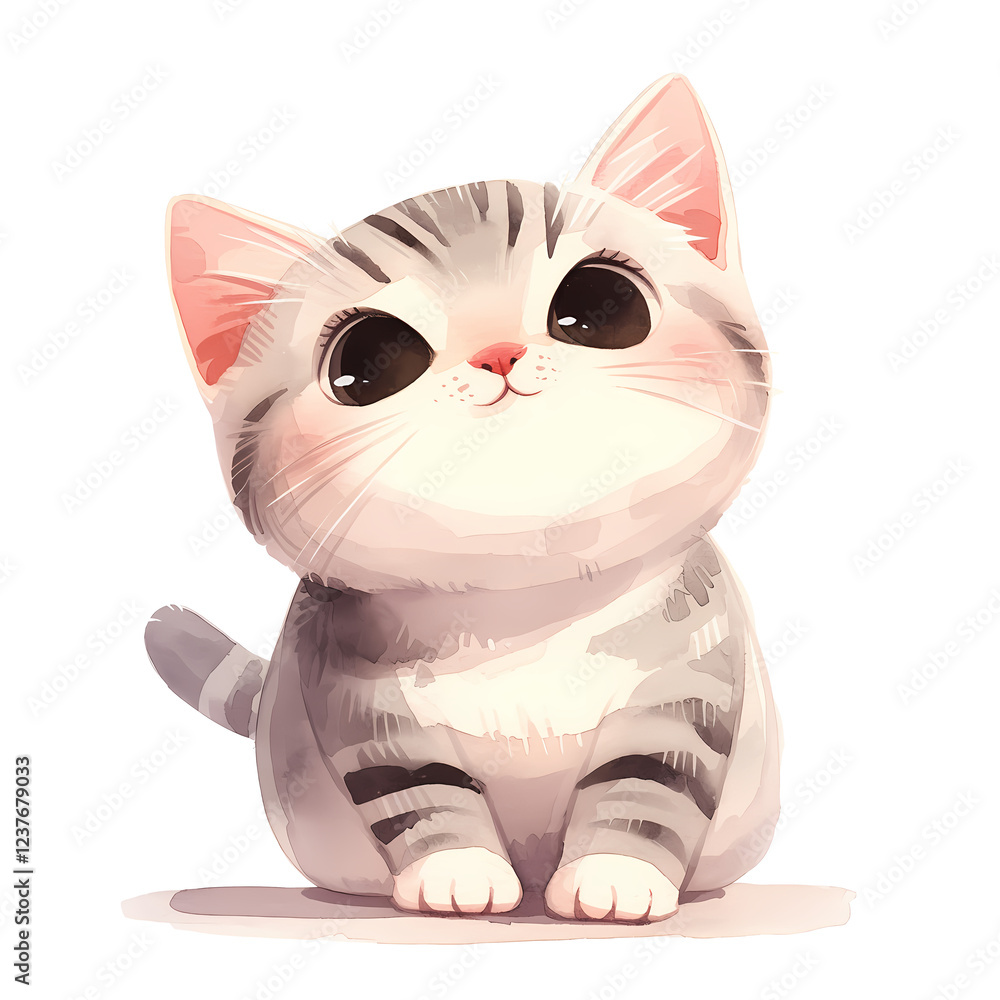 Obraz premium Adorable grey and white kitten looking up with big, expressive eyes. A sweet and heartwarming digital illustration.