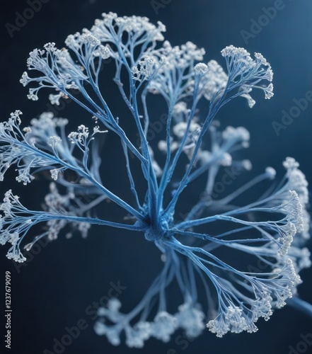 Lactophenol cotton blue stained conidial hyphae of Aspergillus, mycological study, laboratory equipment, aspergillus conidiophores