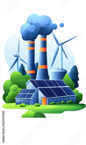 Sustainable Energy Concept with Solar Panels, Wind Turbines, and Industrial Chimneys in a Vibrant Landscape