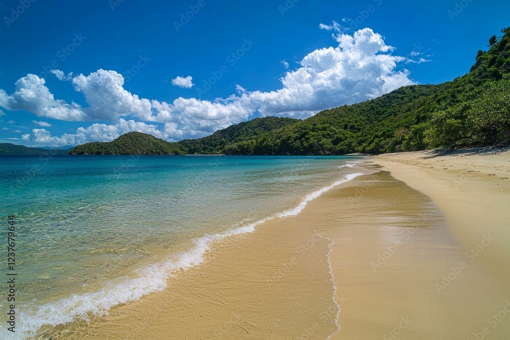 The beach is covered with golden sand, and the blue sky in summer has white clouds floating on it. The sun shines brightly over crystal-clear turquoise water. The beach is covered with golden sand, and the blue sky in summer has white clouds floating on it. The sun shines brightly over crystal-clear turquoise water.