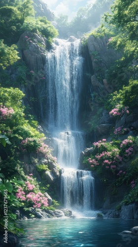Serene Waterfall Oasis: A Digital Painting of Tranquil Nature