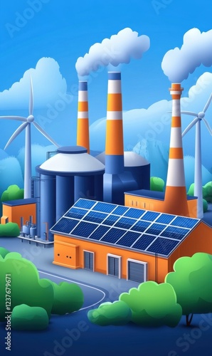 Modern Industrial Landscape with Wind Turbines, Solar Panels, and Emission Stacks Against a Bright Cloudy Sky