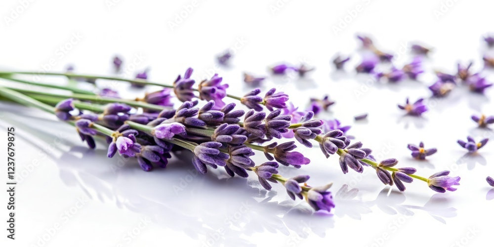 Naklejka premium Lavender buds and petals slowly falling from the branch onto a soft white background, delicate, petal
