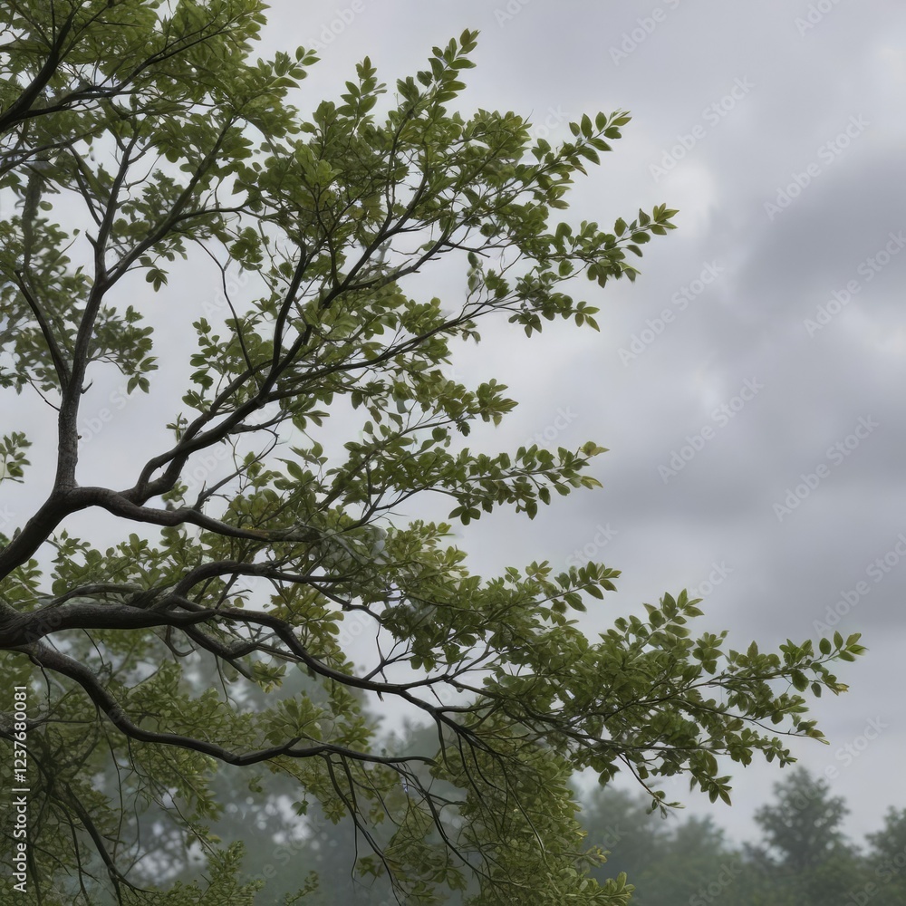 Fototapeta premium Leafy branches stretch towards the grey, overcast sky , foliage, tree, nature