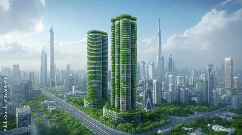 Towering skyscrapers and modern architecture in a vibrant city, an urban landscape photography Towering skyscrapers and modern architecture in a vibrant city, an urban landscape photography