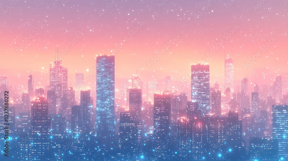 Fototapeta premium Futuristic city skyline, night, snowy, pink sky, digital art, website banner