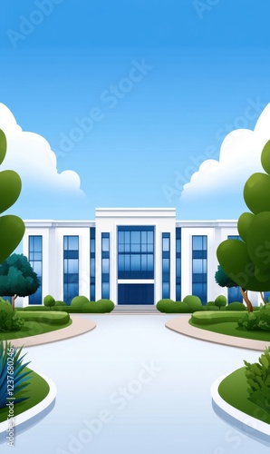 Modern Educational Building Surrounded by Lush Greenery and Blue Sky with Fluffy Clouds