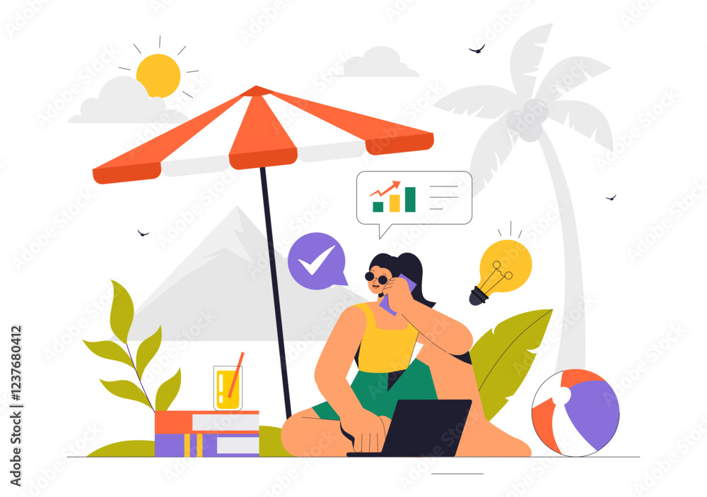 Digital Nomad Lifestyle Vector Illustration Featuring People Working Remotely While Traveling and Enjoying a Holiday in a Flat Style Background Digital Nomad Lifestyle Vector Illustration Featuring People Working Remotely While Traveling and Enjoying a Holiday in a Flat Style Background