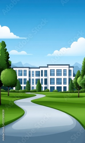 Serene Park Scene with Green Grass and Pathway Leading to Modern Building Under Blue Sky and Fluffy Clouds