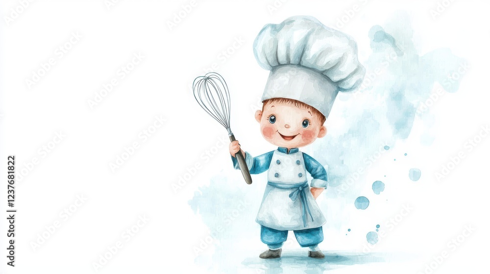 Young chef with whisk, a culinary dream in the making exploring baking and cooking Young chef with whisk, a culinary dream in the making exploring baking and cooking
