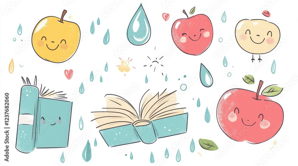 Set of happy and cheerful doodle characters, including a smiling book, apple, and raindrop Set of happy and cheerful doodle characters, including a smiling book, apple, and raindrop