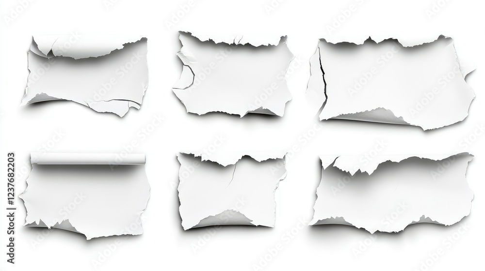 Set of ripped paper edges in various thicknesses and angles, resembling torn notebook paper.
