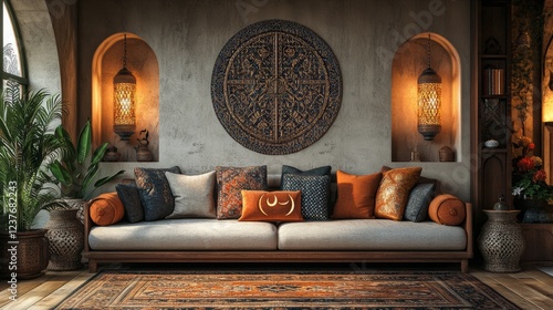 A comfortable sofa with a touch of elegance, adorned with Ramadan-themed cushions, decorative items like crescent moons, and enough room for product description photo