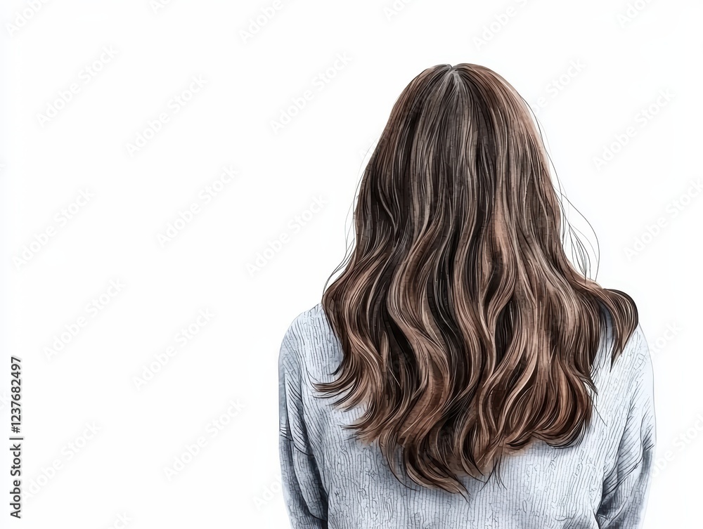 Naklejka premium Elegant woman with flowing hair, a timeless portrait on white backdrop
