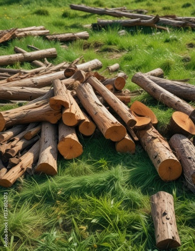 Matted logs of brown wood disheveled and strewn across the ground in a disorganized heap amidst the vibrant hues of green grass, rural, logjams, foliage photo