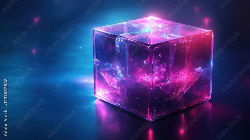 Glowing Crystal Cube, Neon Background, Abstract Art, Digital Render Glowing Crystal Cube, Neon Background, Abstract Art, Digital Render