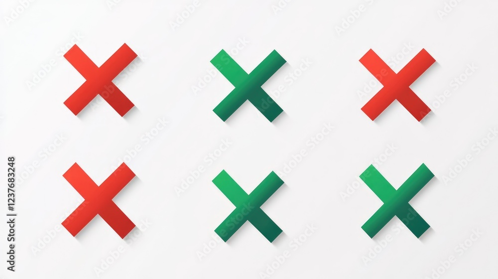 Simple green check marks and bold red X marks on a clean vector grid. Decision symbols for UI/UX design. Simple green check marks and bold red X marks on a clean vector grid. Decision symbols for UI/UX design.