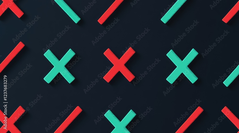 Fototapeta premium Simple green check marks and bold red X marks on a clean vector grid. Decision symbols for UI/UX design.