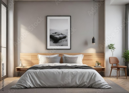 Minimalistic bedroom with framed artwork hanging on the wall, mockup, minimalistic, interior design