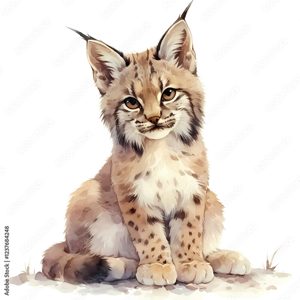 Fototapeta premium Adorable lynx kitten sitting on a snowy patch. Warm, earthy tones create a cozy scene.