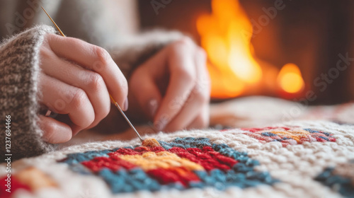 Sewing quilt by fireplace creates warm and cozy atmosphere. hands delicately work with needle and thread, showcasing craftsmanship and creativity