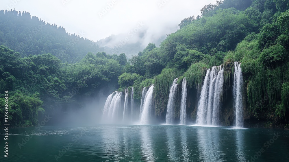 Fototapeta premium Misty Waterfall Paradise: A cascading waterfall tumbles into a tranquil lagoon nestled within a misty mountain valley. The lush greenery and soft.