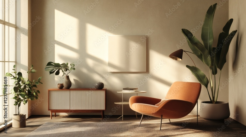 Sunlit Minimalist Living Room Interior with Orange Armchair and Plants Sunlit Minimalist Living Room Interior with Orange Armchair and Plants