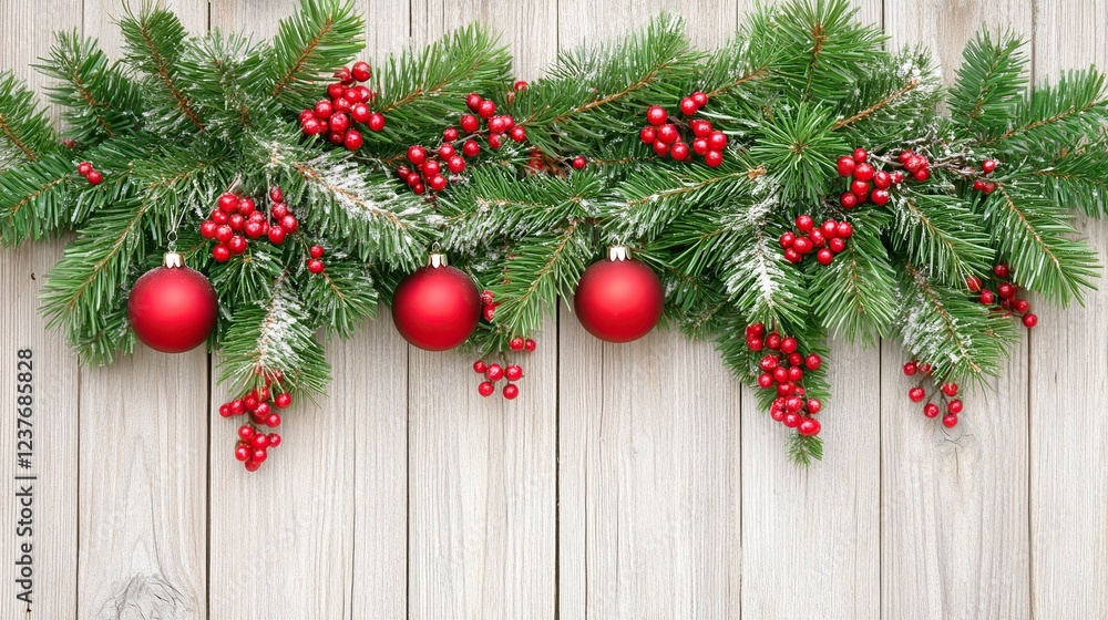 Festive Christmas garland, red ornaments, snowy pine, wooden background, holiday greeting Festive Christmas garland, red ornaments, snowy pine, wooden background, holiday greeting
