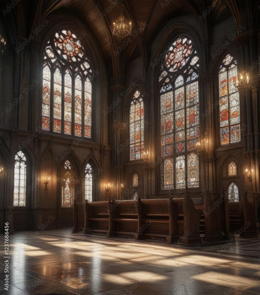 Fototapeta premium Ornate Christian Church Interior with Stained Glass Windows, christian church, stained glass windows, intricate carvings