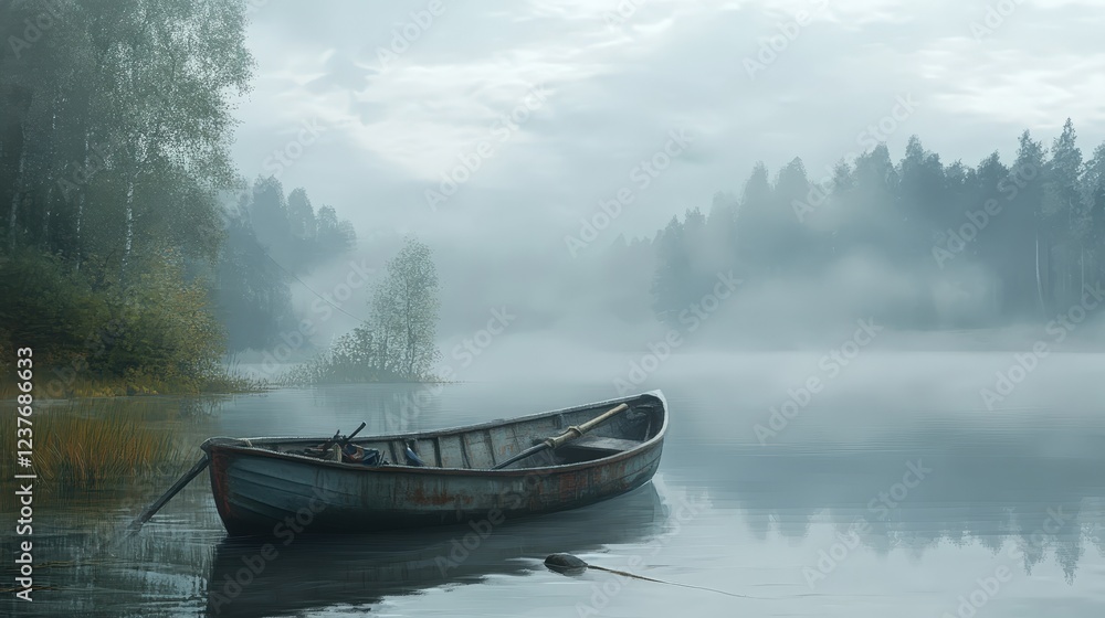 Fototapeta premium Misty Morning Rowboat: A weathered rowboat sits serenely on a still lake shrouded in mist, the tranquil scene framed by the ethereal silhouettes of trees.
