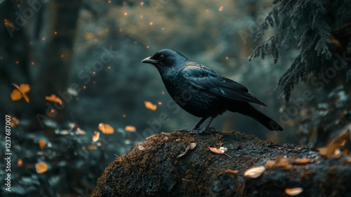 A crow stands on a rock in a dark and mysterious forest. photo