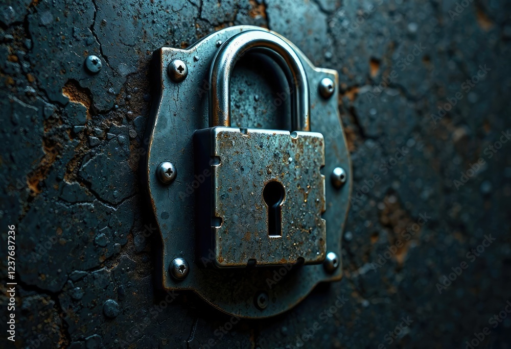 Padlock with reinforced metal plate and lock mechanism, closed, secure, engineering Padlock with reinforced metal plate and lock mechanism, closed, secure, engineering