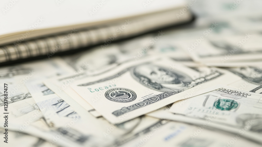 Stacks of cash with notebook in background, symbolizing financial planning and budgeting. This conveys importance of managing money effectively Stacks of cash with notebook in background, symbolizing financial planning and budgeting. This conveys importance of managing money effectively