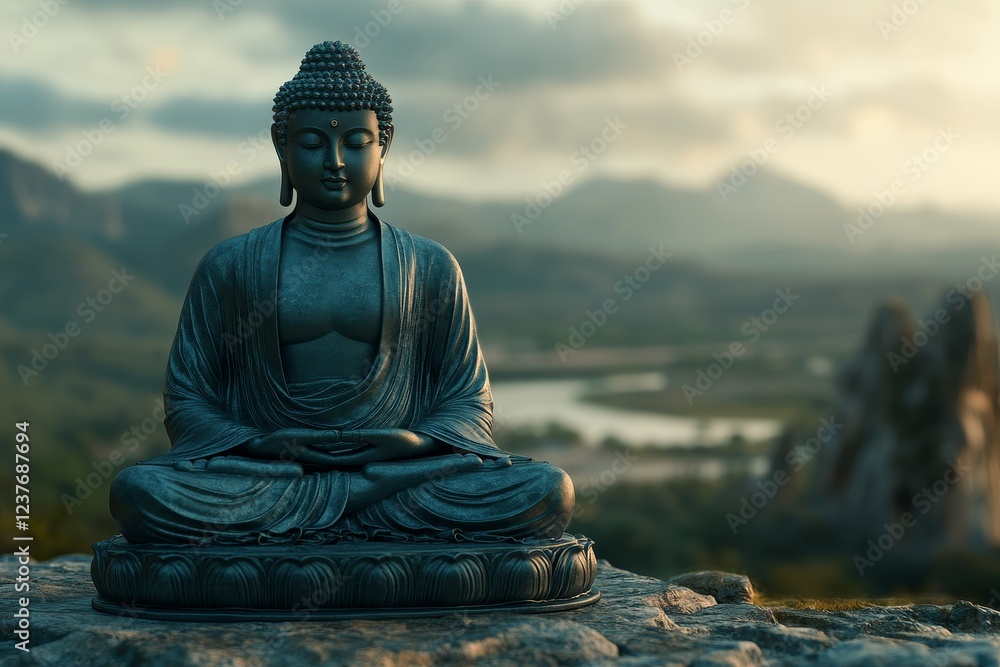 Fototapeta premium Serene Buddha statue at sunset, mountain backdrop, peace