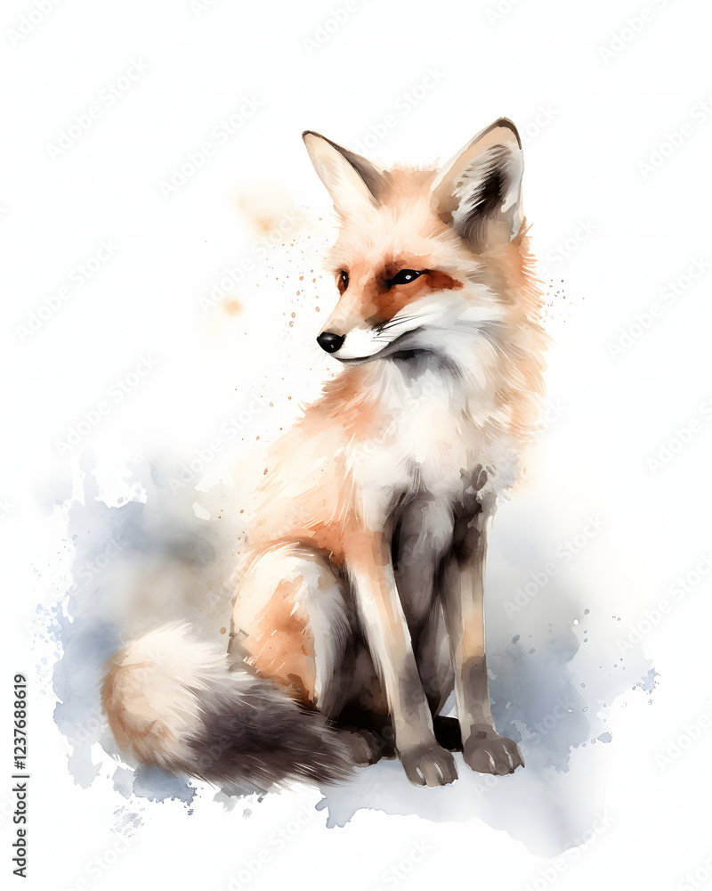 Fototapeta premium Elegant Red Fox in Watercolor Painting, Portrait of a Graceful Woodland Animal with Soft, Artistic Brushstrokes