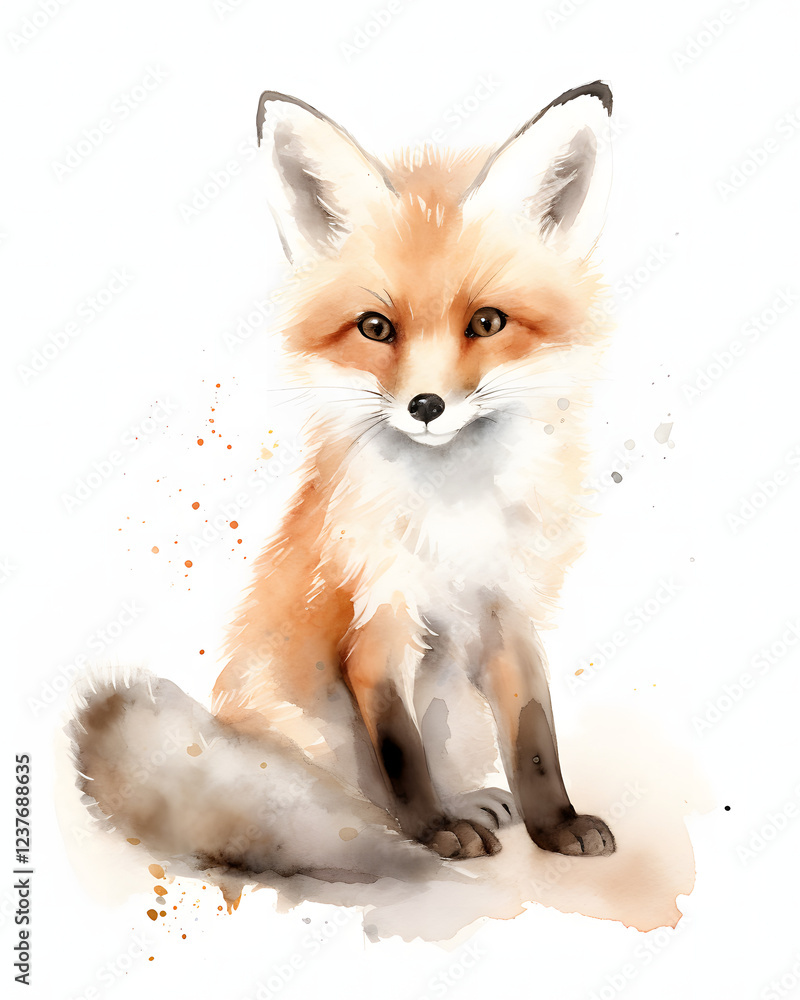 Fototapeta premium Adorable Red Fox Cub, Watercolor Painting of a Cute Woodland Animal with Soft Colors