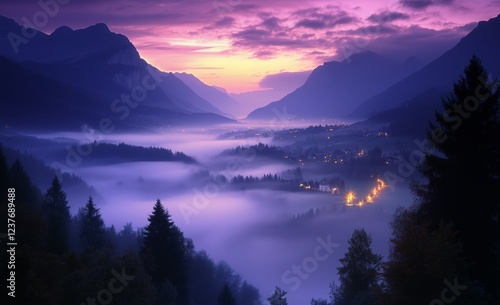 Majestic twilight over the valley with misty hills and glowing lights in the ...