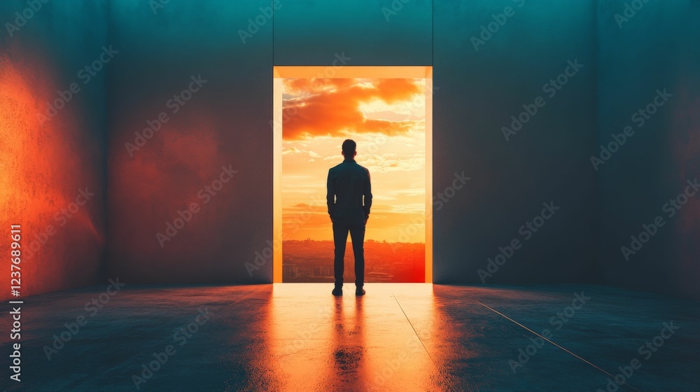Obraz premium Man stands before a doorway with a glowing light, a concept of opportunity and possibilities.