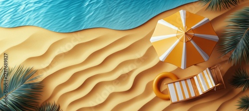 Relaxing beach setup with sun umbrella and lounge chair on sandy shore