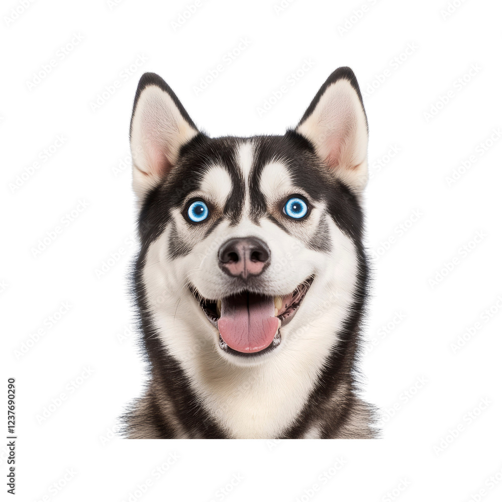 Happy Siberian Husky Dog with Bright Blue Eyes, Close-up Portrait Happy Siberian Husky Dog with Bright Blue Eyes, Close-up Portrait