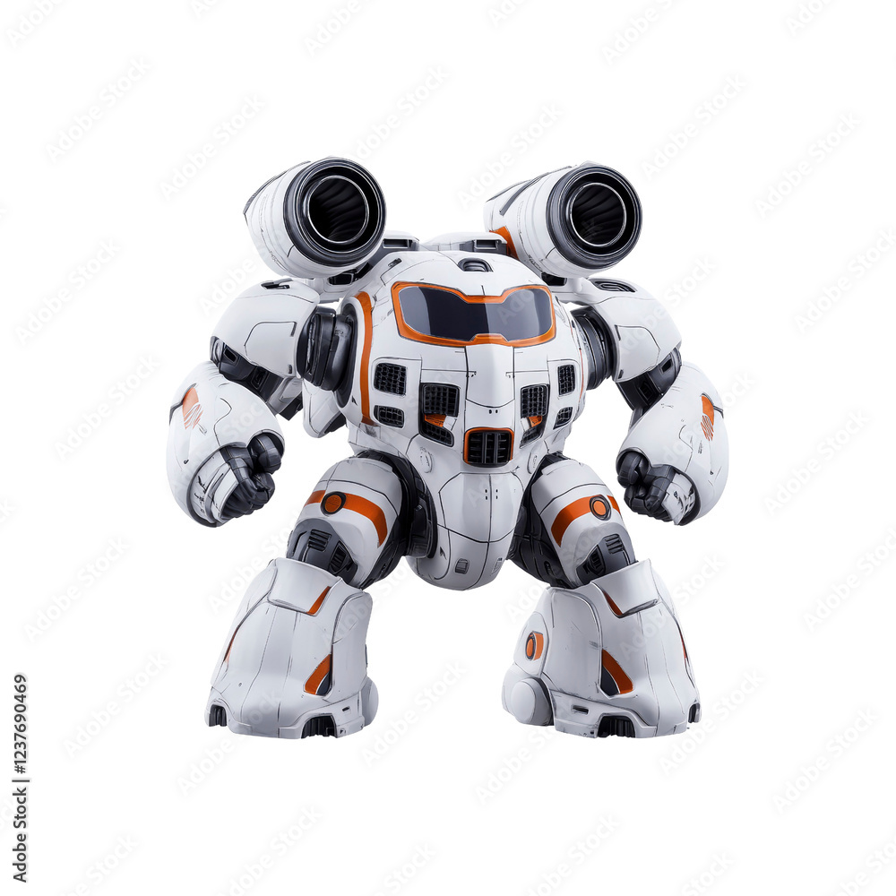Futuristic White and Orange Combat Robot, Ready for Action Futuristic White and Orange Combat Robot, Ready for Action