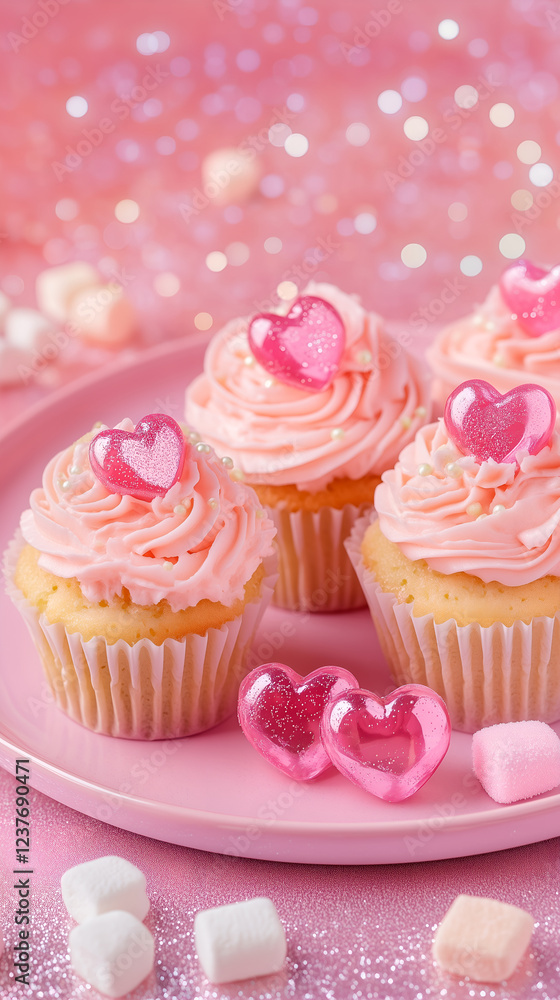 Strawberry cupcakes with pastel swirl frosting, glossy bubblegum jelly cubes and heart-shaped marshmallows. Glossy pink plate. Shimmery metallic pink neon background. Y2K inspired vibe. Strawberry cupcakes with pastel swirl frosting, glossy bubblegum jelly cubes and heart-shaped marshmallows. Glossy pink plate. Shimmery metallic pink neon background. Y2K inspired vibe.