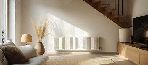 Cozy living room with warm light illuminating modern decor and stylish furnis...